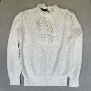 Vintage Retro 1970s Le Roy Knitwear Sweater L Cream‎ Knit Crochet Jabot Collar